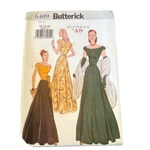 Butterick 6409 1948 Reissued Pattern Off Shoulder Lined Fit Flare Dress 12 14 16